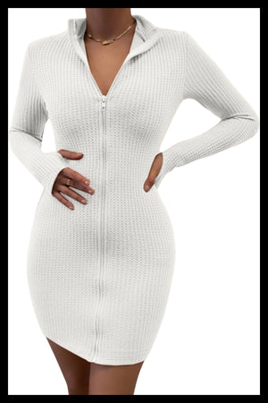 White long sleeve center zipper bodycon dress. Knit stretchy waffle fabric with thumb holes. 